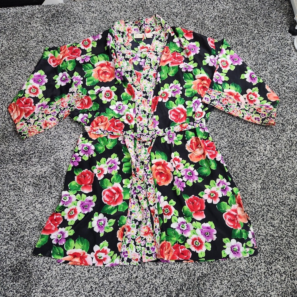 Vtg 80s 90's Gold Label Victoria's Secret floral silky Kimono Robe Retro One Sz